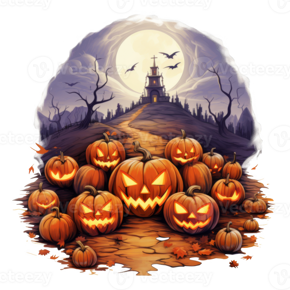 Jack-o'-lanterns Glowing in Front of a Haunted Church Under a Full Moon png