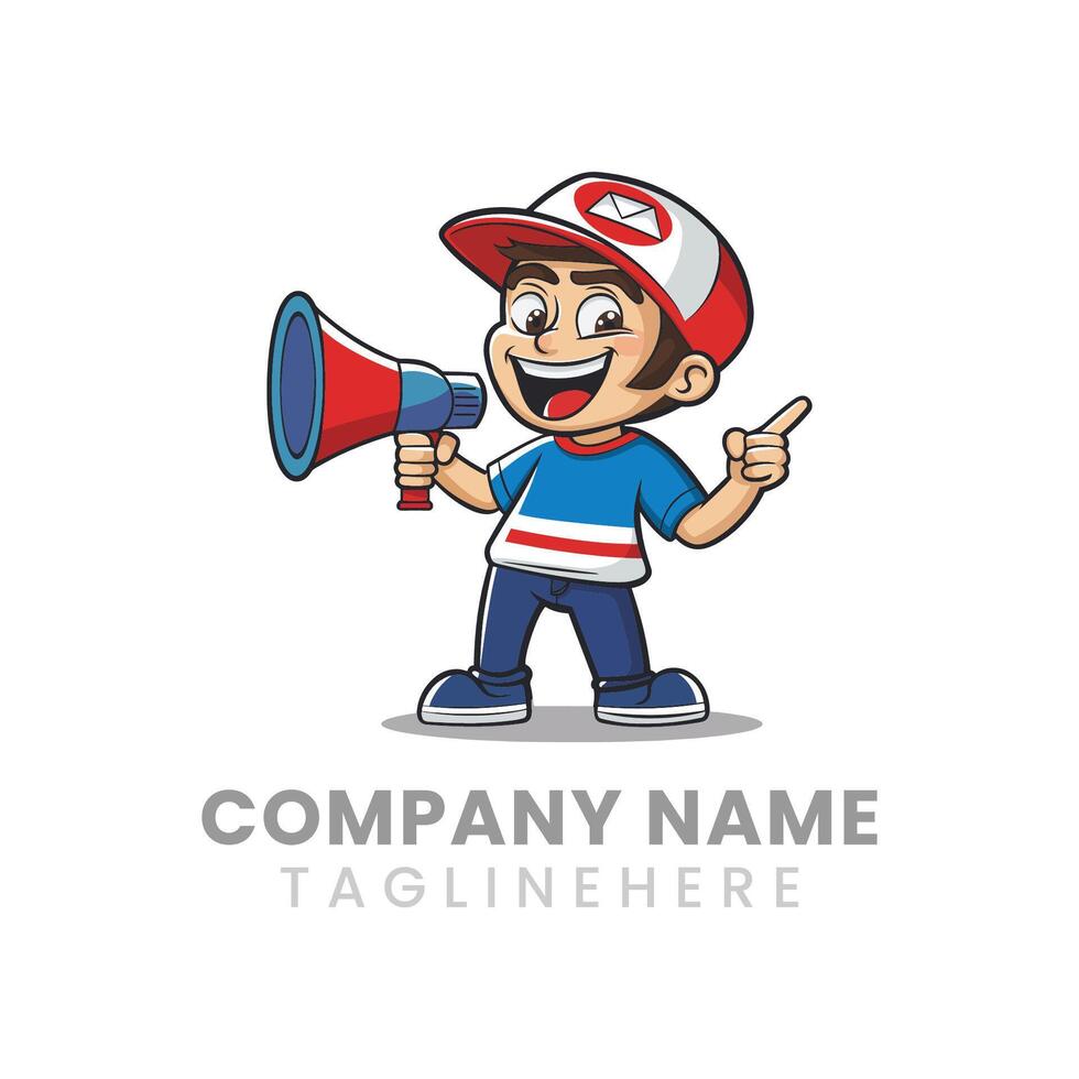 Mascot of a boy Shouting in megaphone and pointing his finger up vector