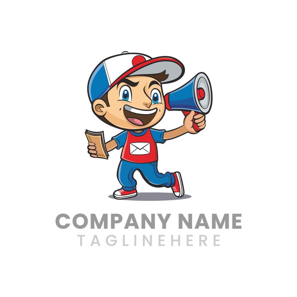 Mascot of a delivery boy shouting in megaphone and holding envelopes vector
