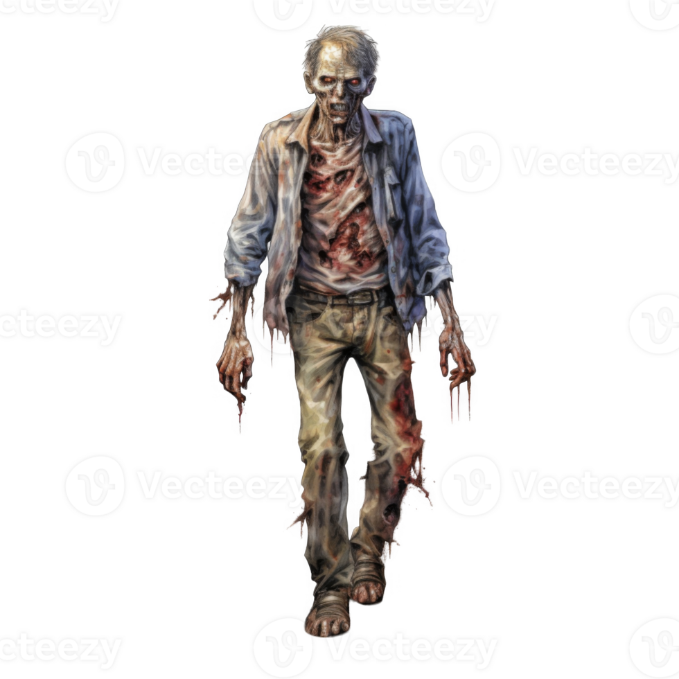 A Bloodied and Decaying Zombie in a Blue Shirt png