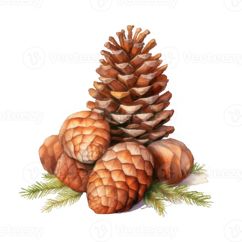 Watercolor Painting of Pine Cones with Pine Needles png