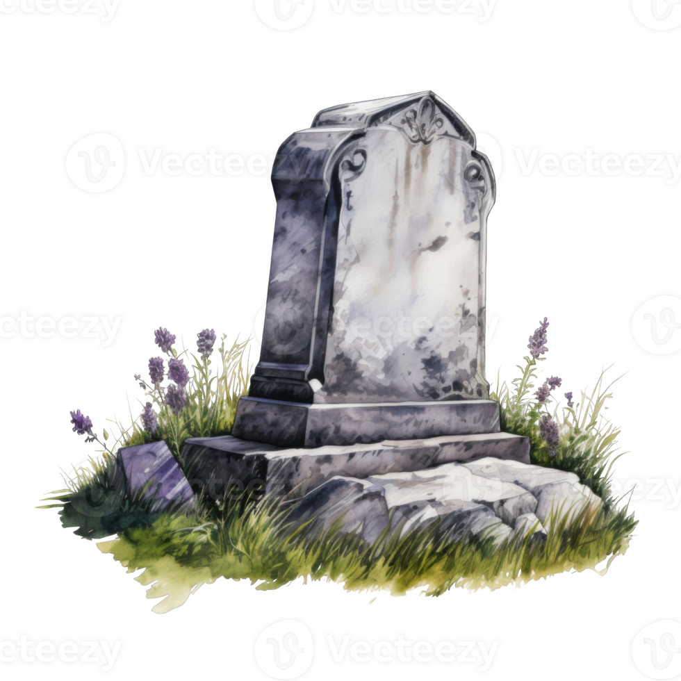 Watercolor illustration of a weathered tombstone with flowers png
