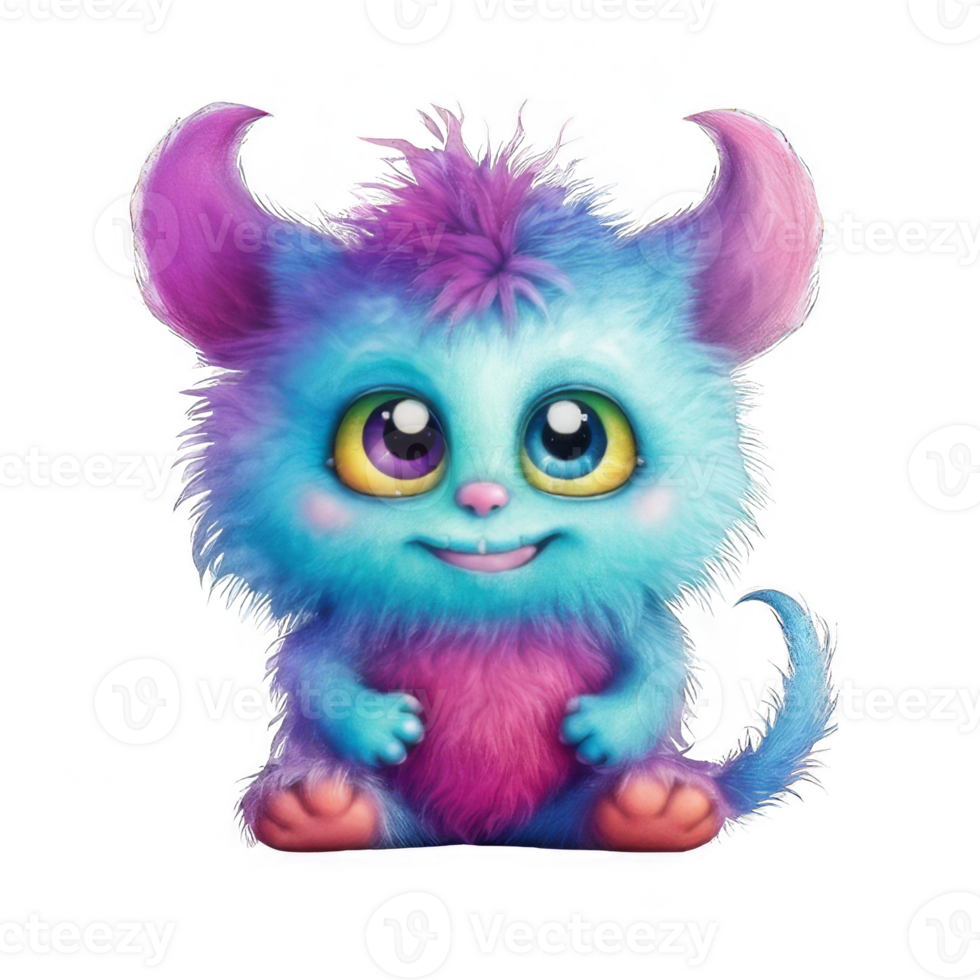 A Smiling Fuzzy Blue Monster with Pink Horns and a Tail png