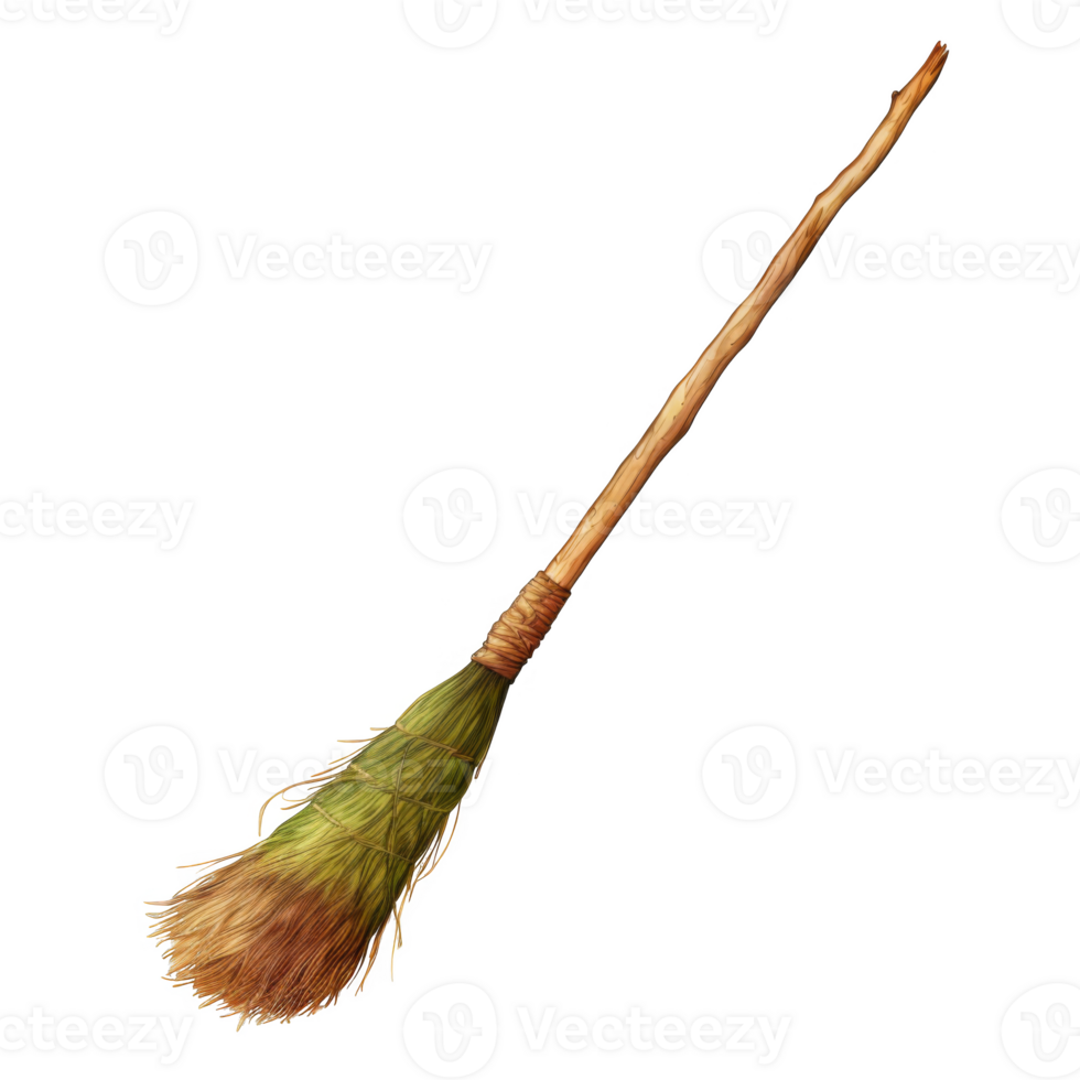 A Simple, Traditional Wooden Broom with Green Bristles png