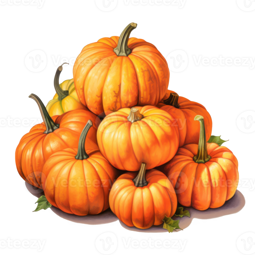 A Stack of Ripe Orange Pumpkins with Green Stems png
