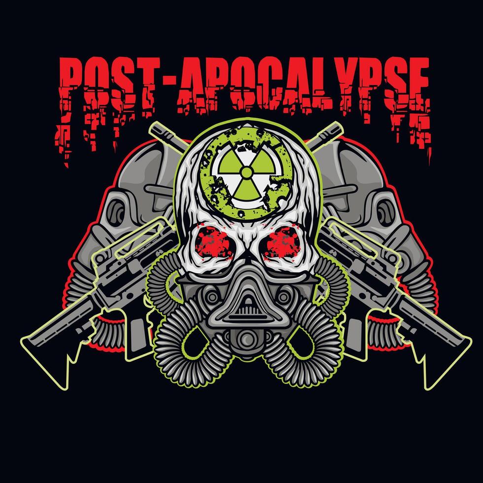 post-apocalypse sign with skull and gas mask, grunge vintage design t shirts vector