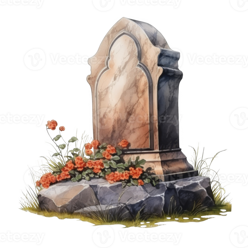 Stone Gravestone with Orange Flowers and Grass png