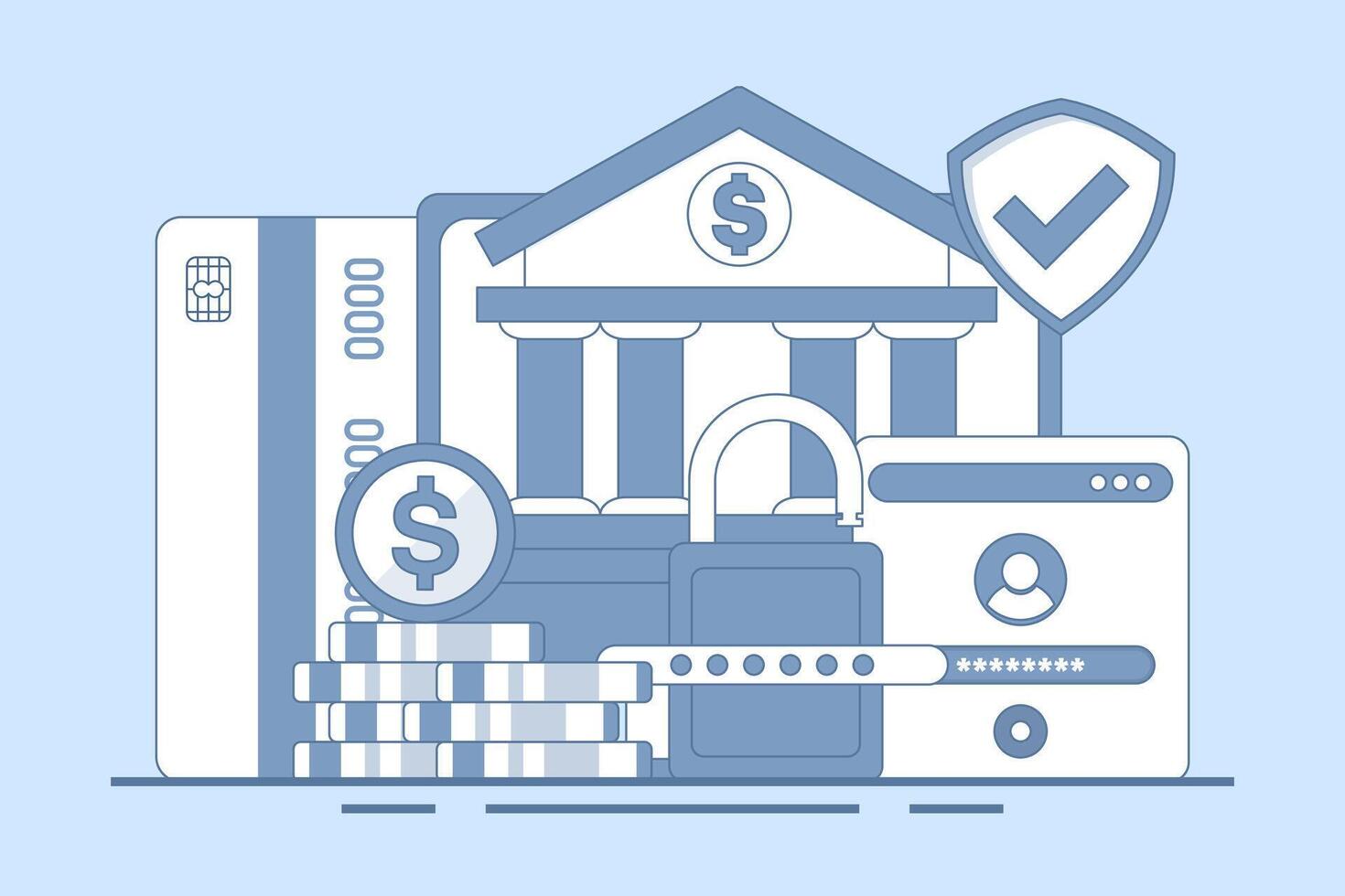 Safe online banking concept, online banking and mobile payments, login to bank account, digital wallet, internet money, savings and finance, mobile banking. Flat illustration on background. vector