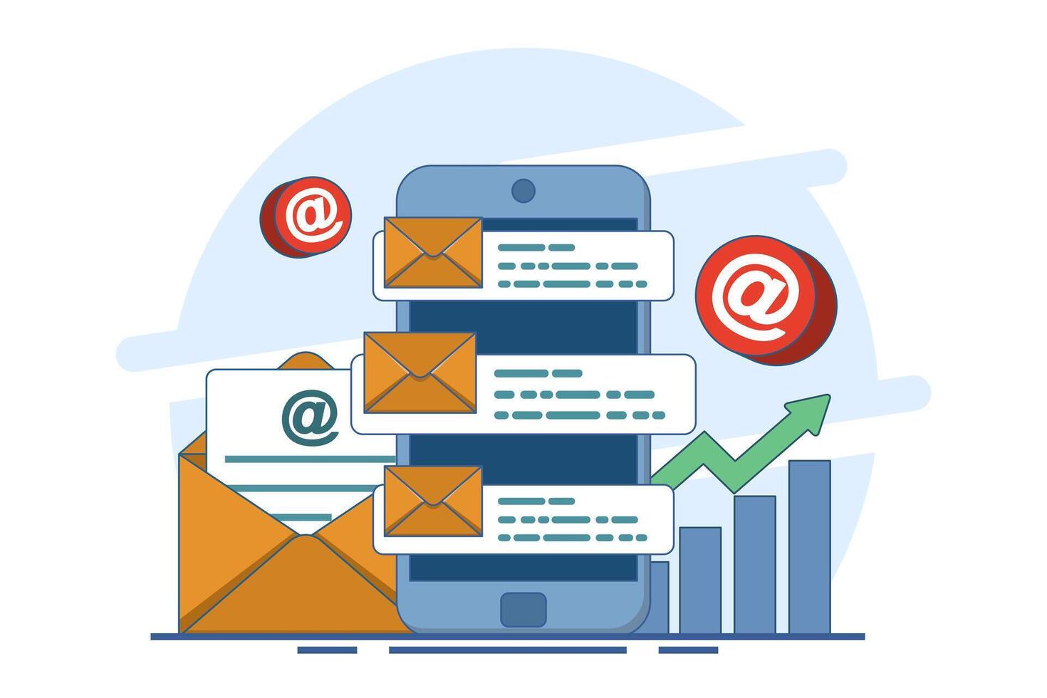 Email marketing concept, Online business strategy, Advertising, Email newsletter, messages, Marketing materials for landing pages, web banners, social media, infographics. Flat illustration. vector
