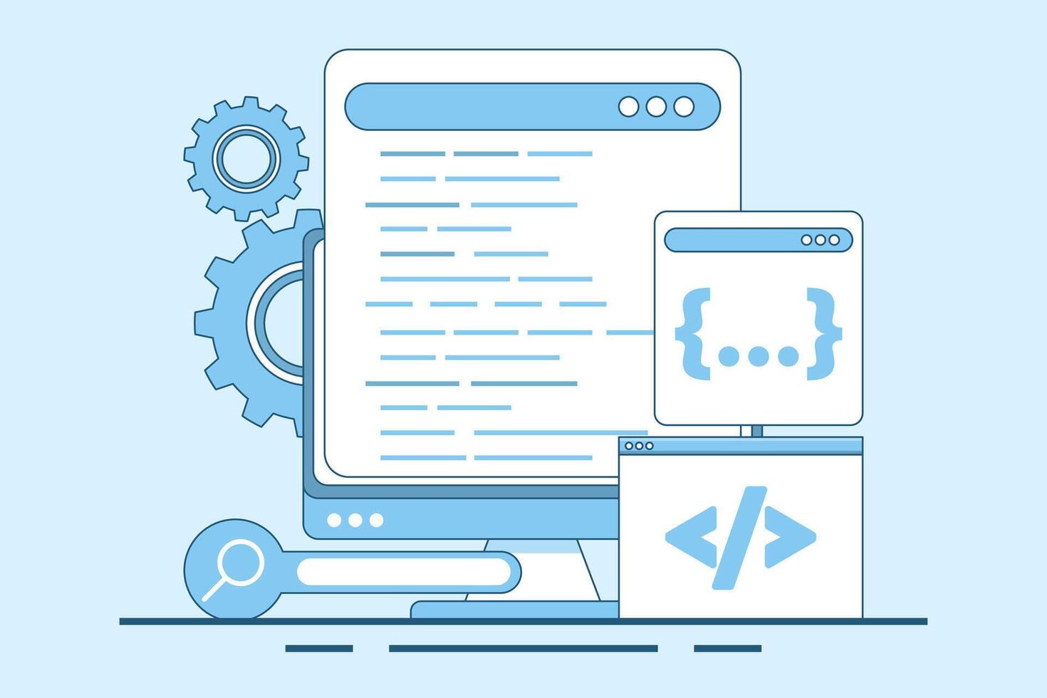 Programming Concept, Software development and programming, program code on laptop screen, big data processing, computing, programming language. flat illustration on background. vector