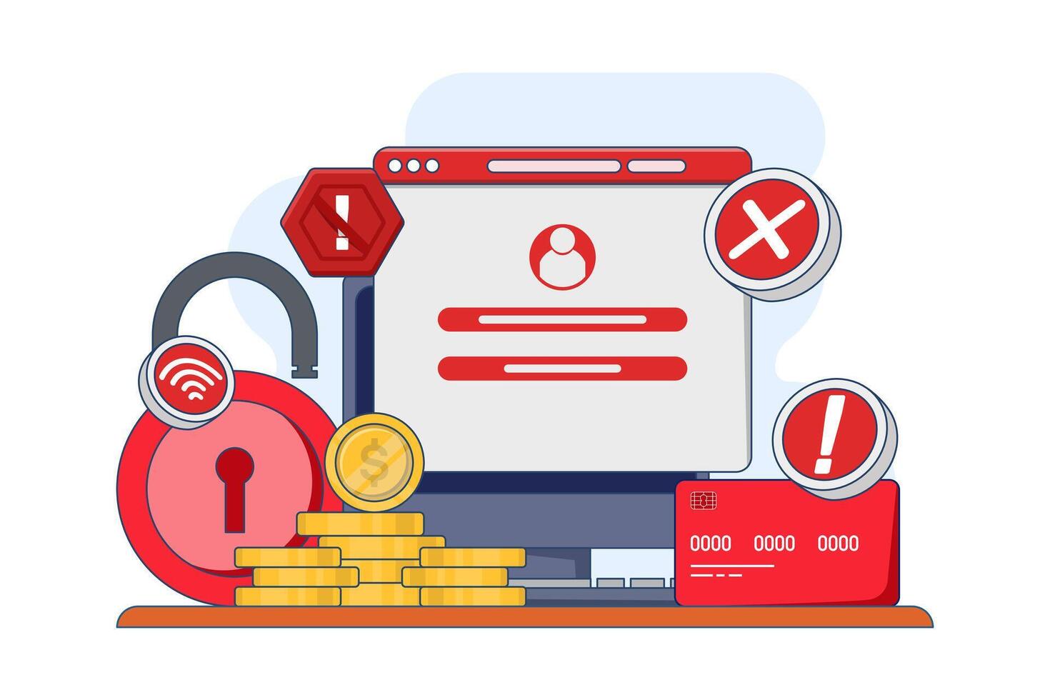 Cybercrime concept, Fraud, Hackers steal personal data on devices, Online phishing, Mass theft, Malware, Password phishing, DDOS attack, Credit card fraud. Flat illustration. vector