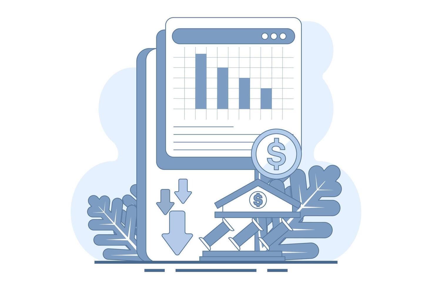 Financial crisis concept. Suffering from inflation, financial losses, economic and investment problems. Stock market crash, speculative financial bubble and recession. Flat illustration. vector