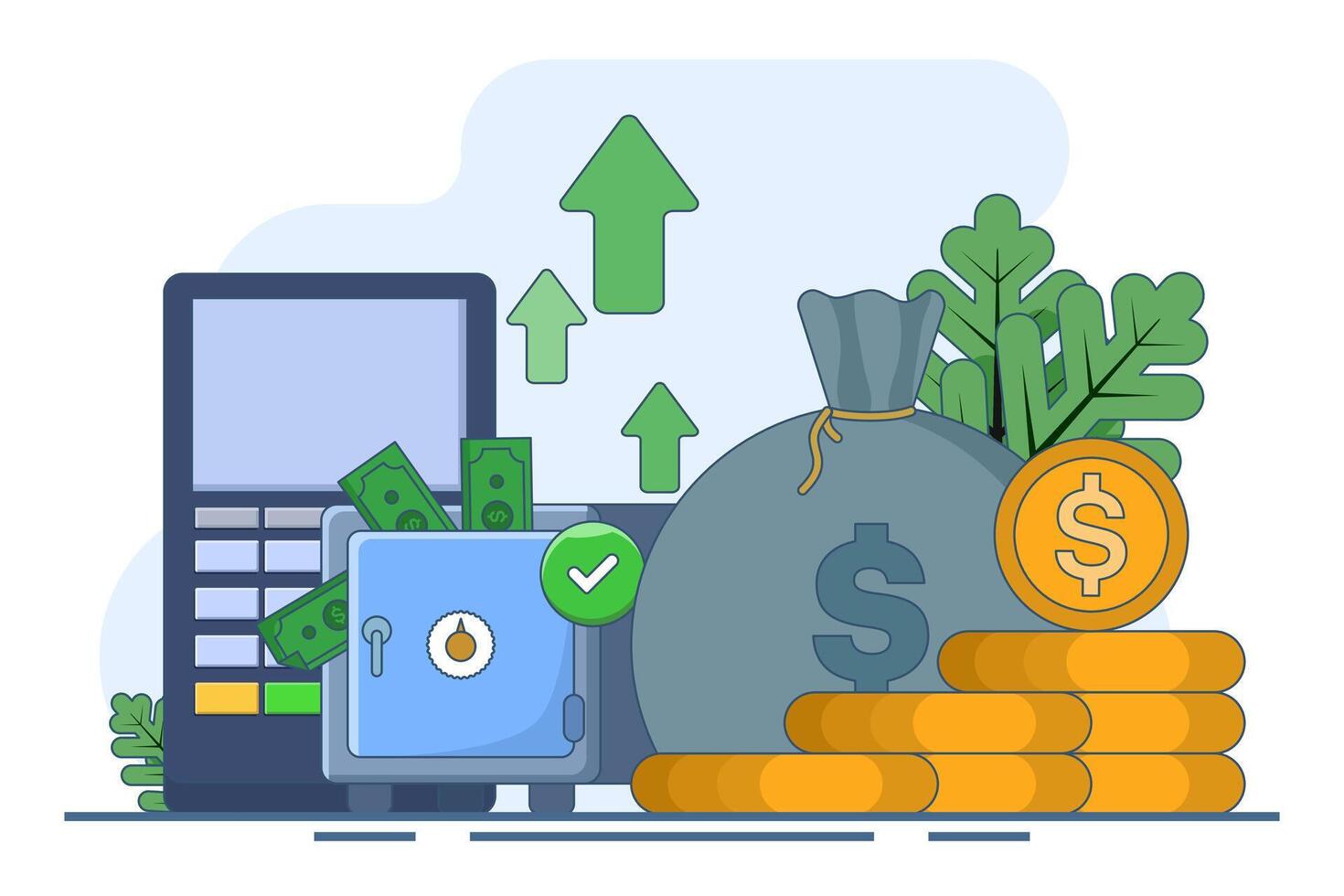 Investment concept, saving money, budget management, financial profit, financial management, growing business financial graph and money coin bag. investment arrow up. increasing profit income graph. vector