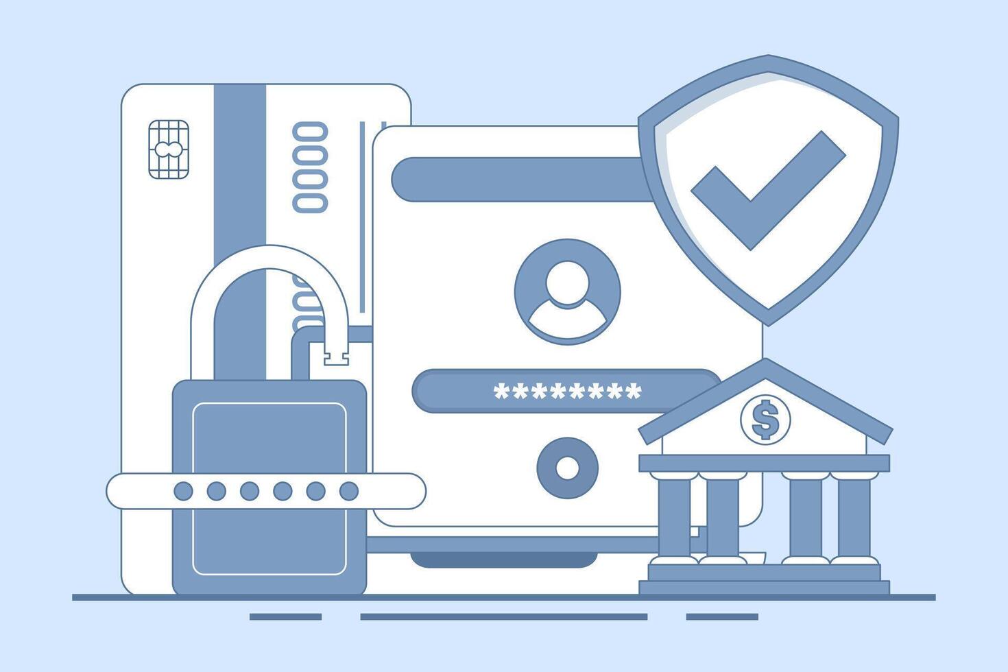Safe online banking concept, online banking and mobile payments, login to bank account, digital wallet, internet money, savings and finance, mobile banking. Flat illustration on background. vector