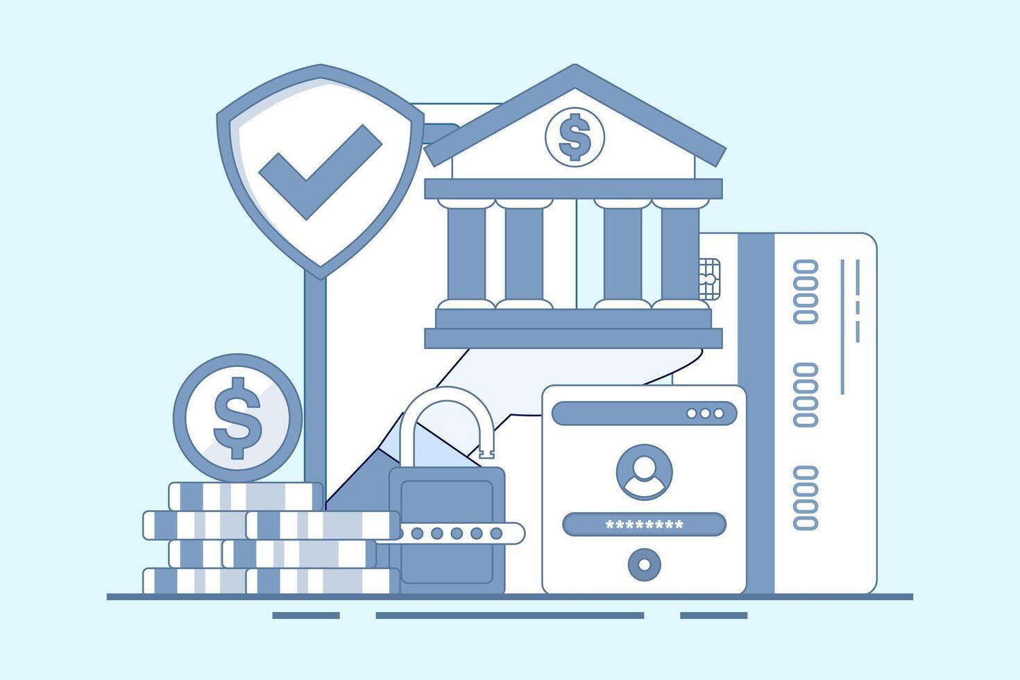 Safe online banking concept, online banking and mobile payments, login to bank account, digital wallet, internet money, savings and finance, mobile banking. Flat illustration on background. vector