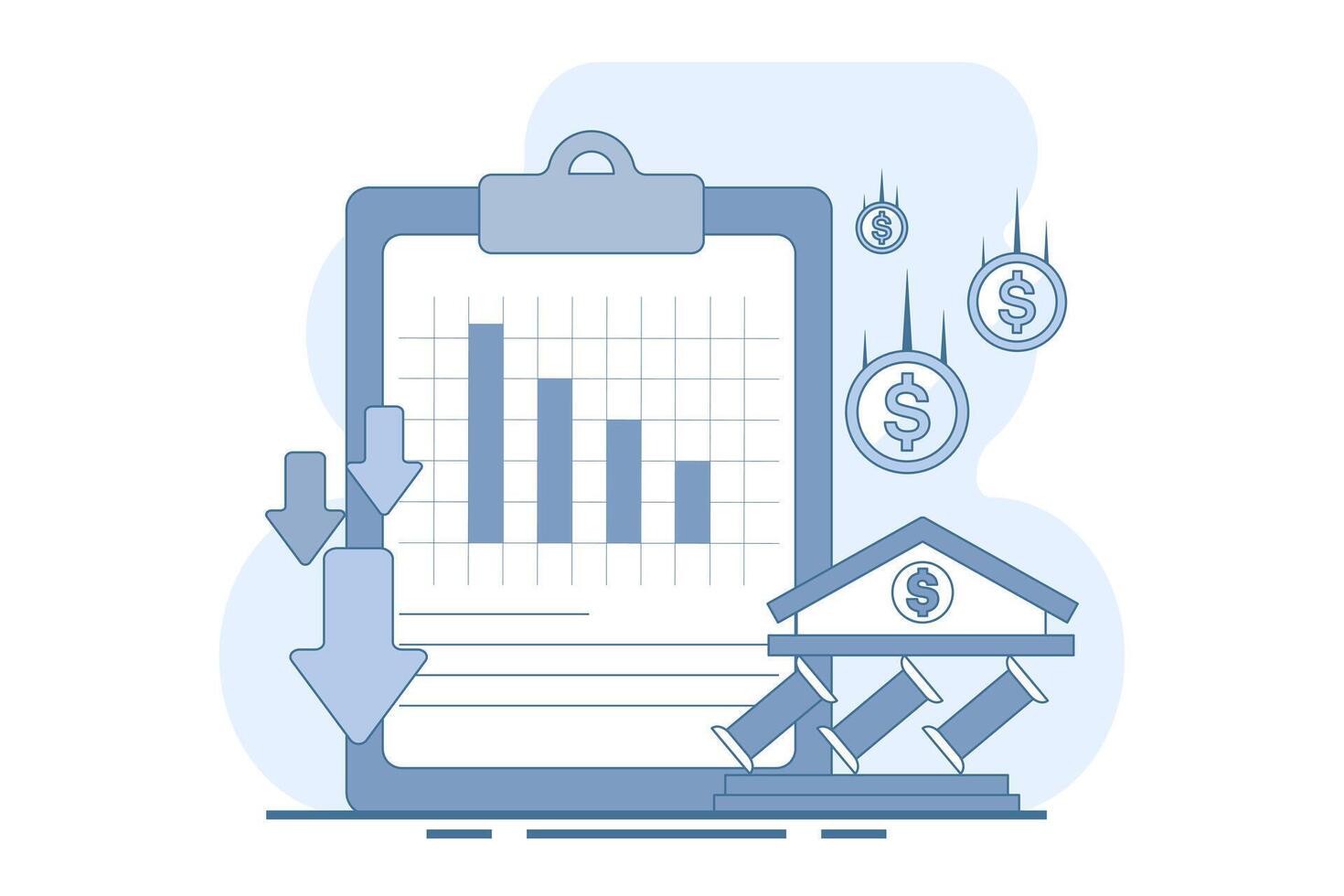 Financial crisis concept. Suffering from inflation, financial losses, economic and investment problems. Stock market crash, speculative financial bubble and recession. Flat illustration. vector