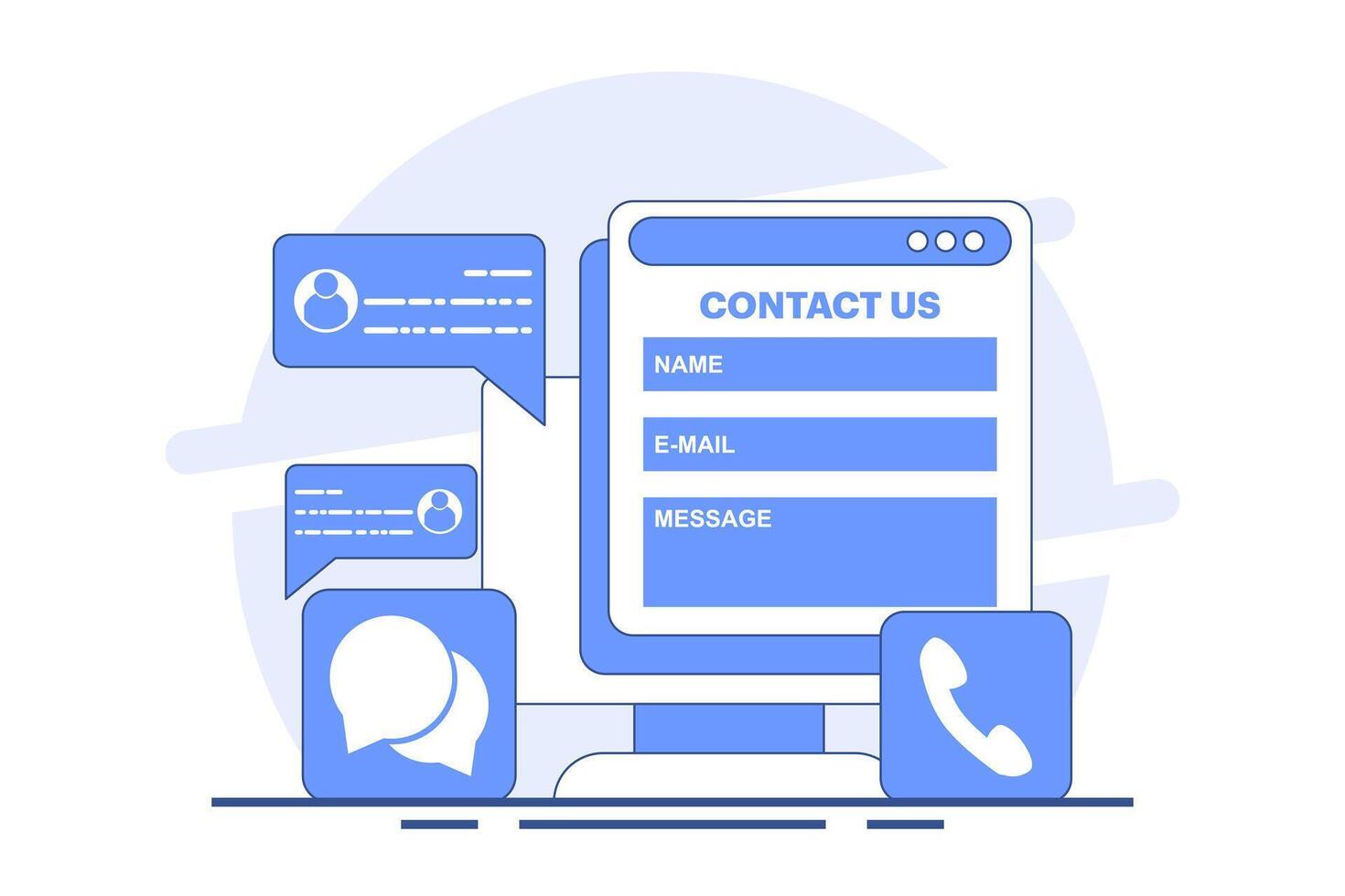 Customer support concept, customer service, online support, help desk, contact us form. Contact us, Customer care service, Online support, Hotline, Help desk. Flat illustration. vector