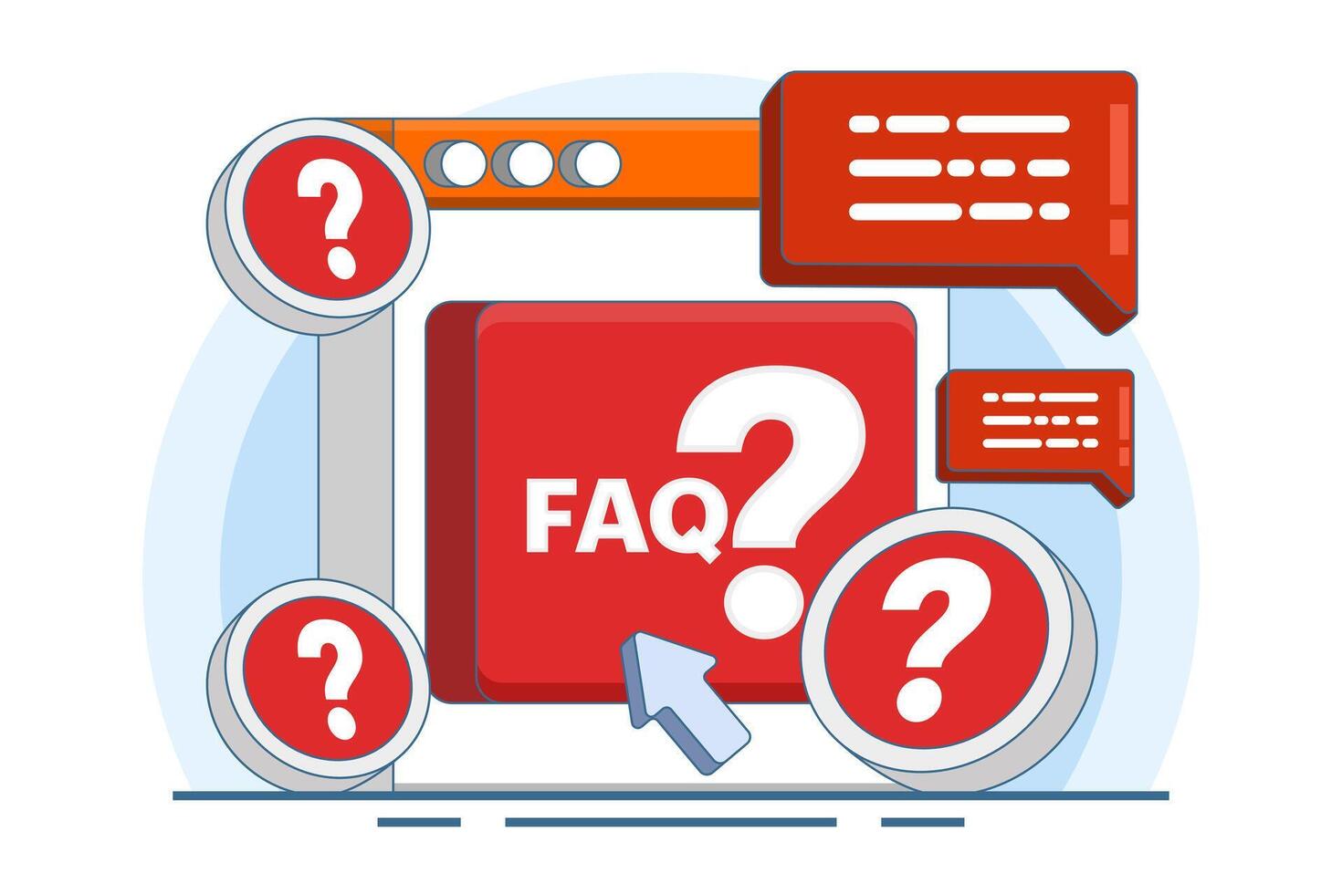 frequently asked questions concept, FAQ when contacting support. User asking question in support chat. reading user manual. contact us, manual, faq, question, answer. flat . vector