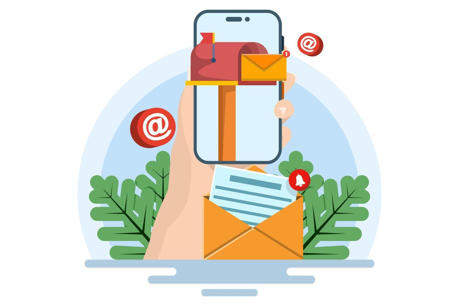 Email and smartphone concept, Email marketing campaign, Work process, New email message. Letter, sheet in envelope, check mark. Sending application. Receiving news. Filled document. vector