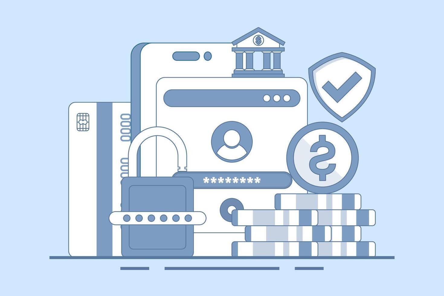 Safe online banking concept, online banking and mobile payments, login to bank account, digital wallet, internet money, savings and finance, mobile banking. Flat illustration on background. vector