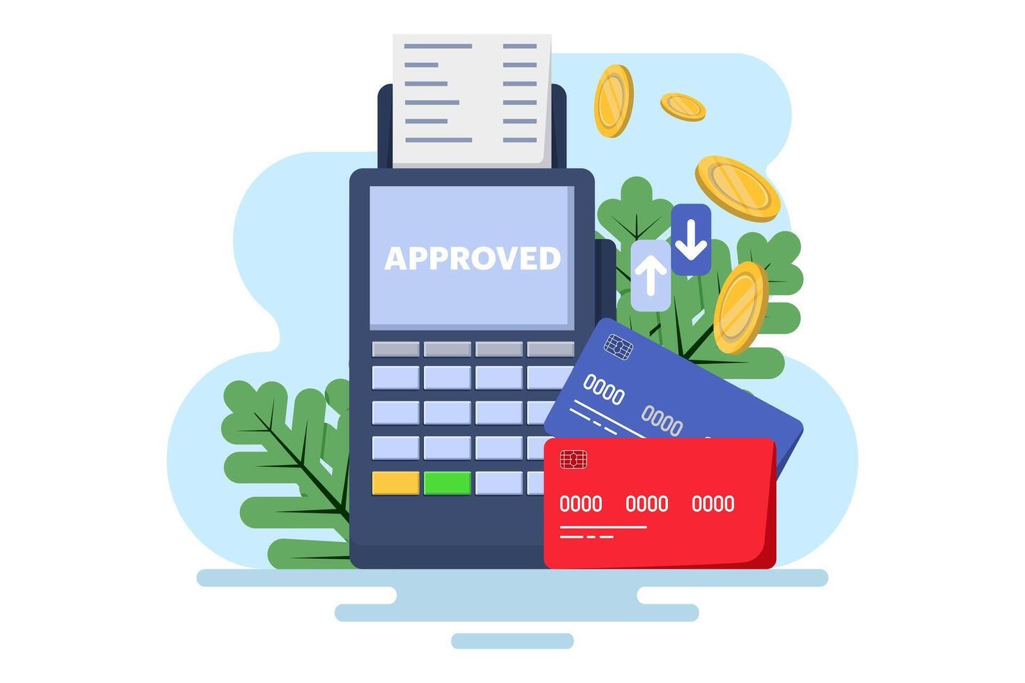 Concept of postal terminal and payment system, Purchase of goods and payment through the terminal. Payment card in the terminal and cash prescription, non-cash transactions. Flat illustration. vector