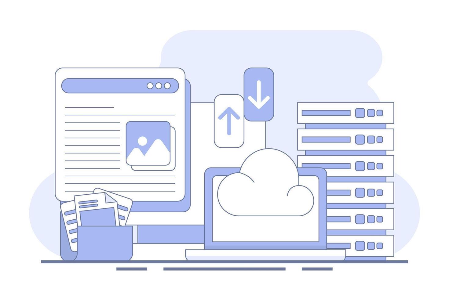 Cloud storage concept, cloud technology. data storage on cloud servers. Cloud computing concept, online database, web hosting, web data center. technology infographics. flat illustration. vector