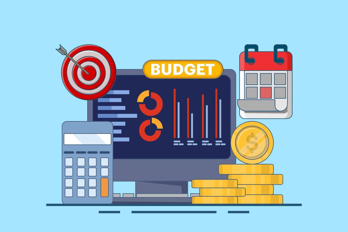 Budget calculation concept, budget business strategy, finance and accounting, economics and investment, budget calculation, profit and loss, report graph creation from data, flat illustration. vector