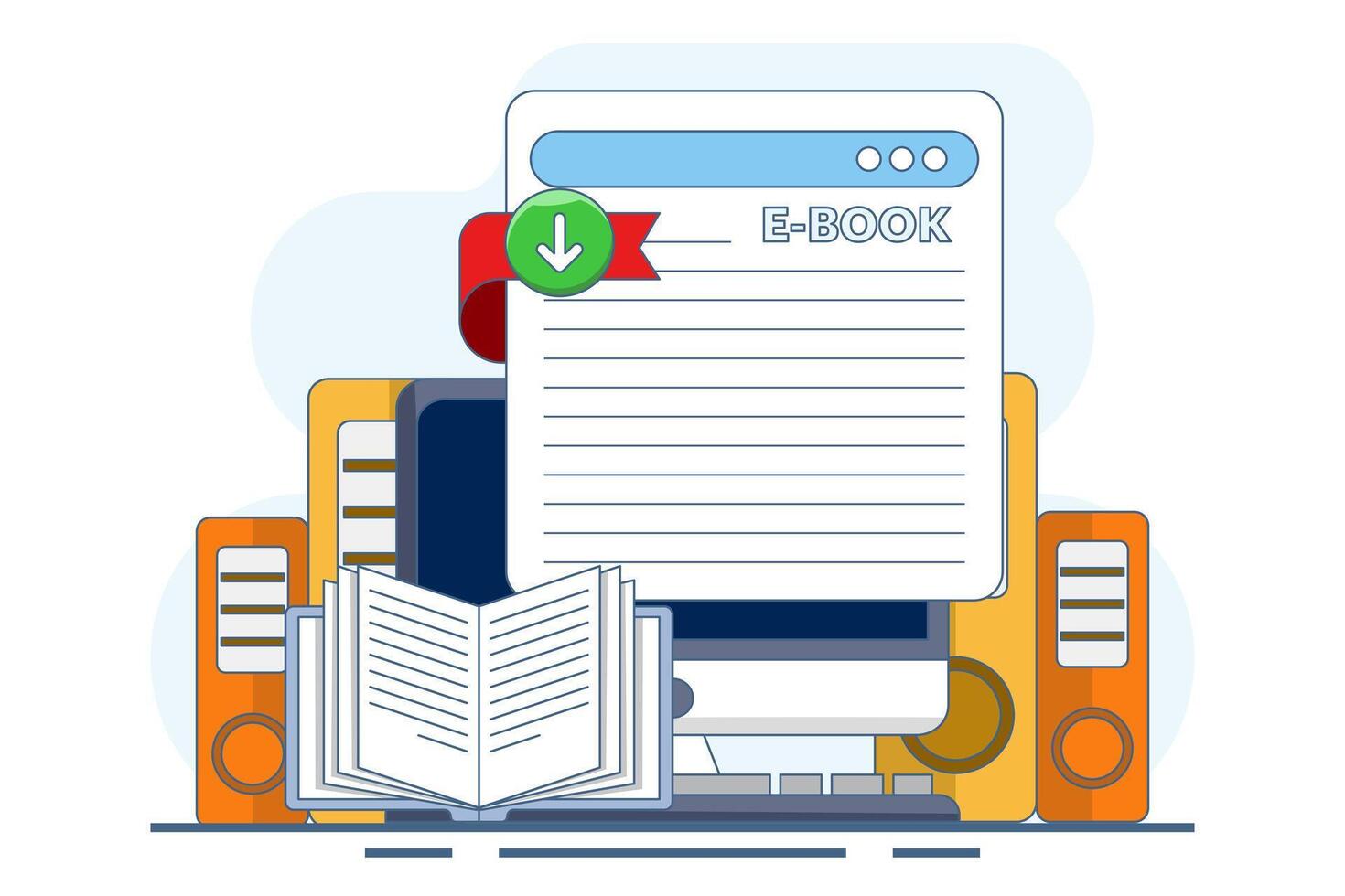 E-book download concept, Reading e-books on mobile or computer, E-book collection. Library archive, e-reading, literature. Content on screen - conceptual landing page template with icons and text. vector