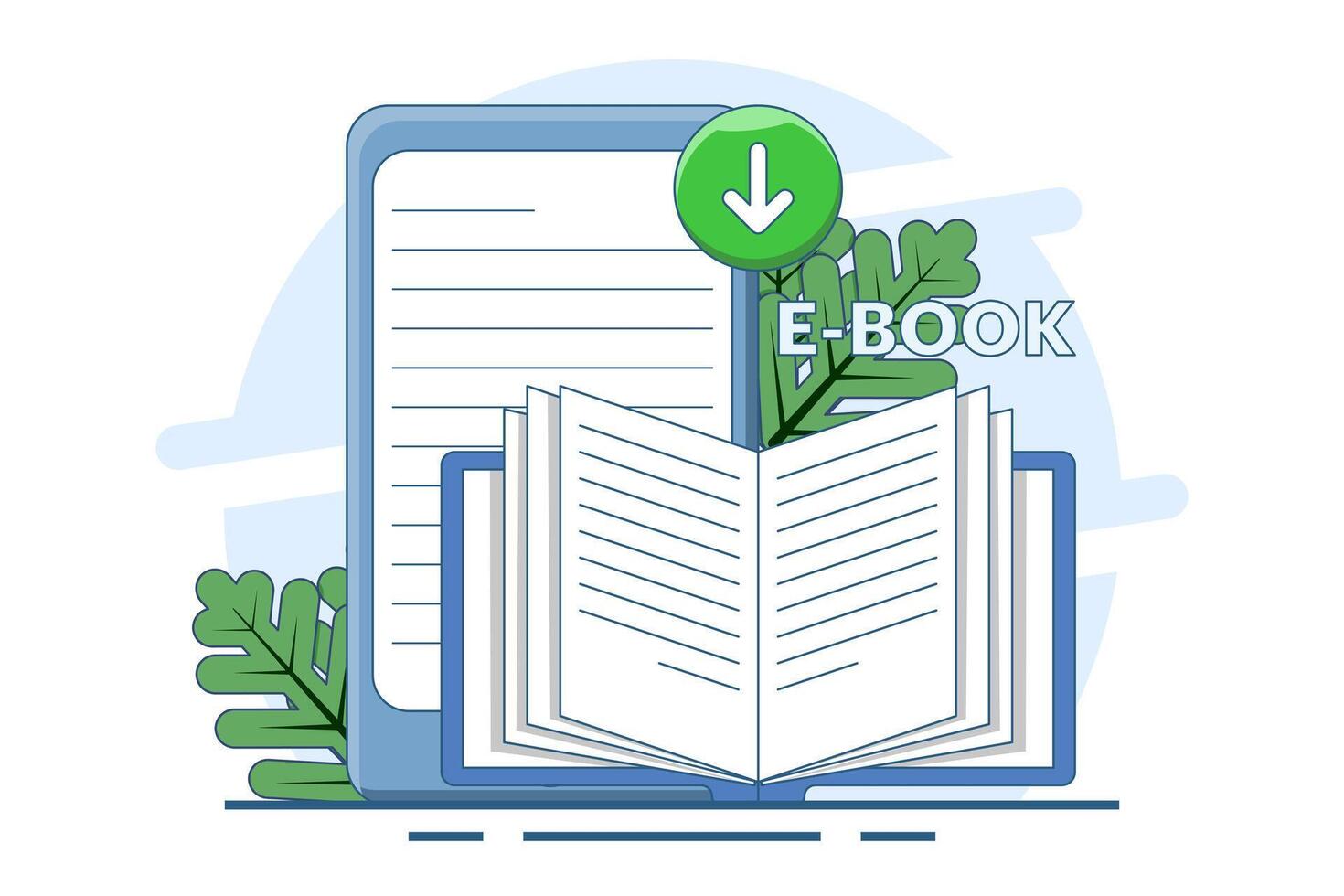 E-book download concept, Reading e-books on mobile or computer, E-book collection. Library archive, e-reading, literature. Content on screen - conceptual landing page template with icons and text. vector