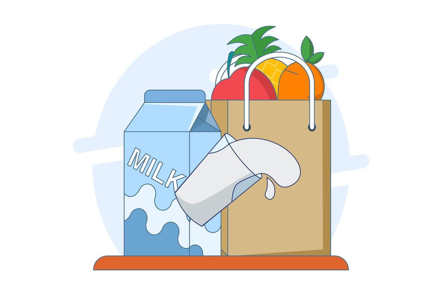 Concept of fruit and milk drinks, healthy and nutritious food and drinks. Flat Outline Illustration Graphics of Shopping Icons Bag, Pineapple, Apple, Carrot and Milk. App Icons, Banners etc. vector