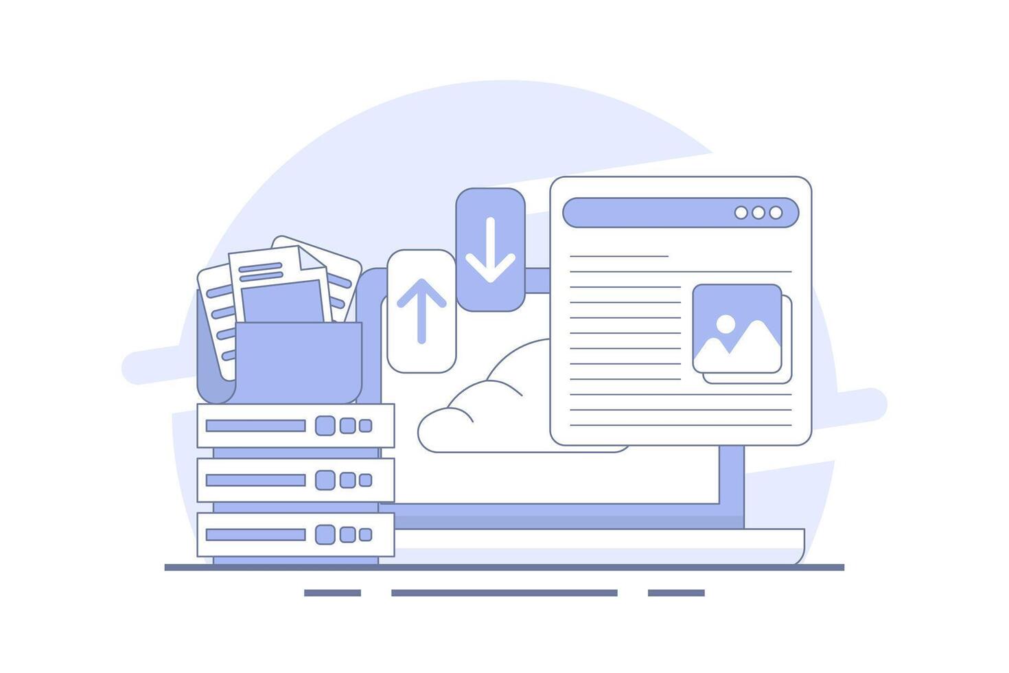 Cloud storage concept, cloud technology. data storage on cloud servers. Cloud computing concept, online database, web hosting, web data center. technology infographics. flat illustration. vector