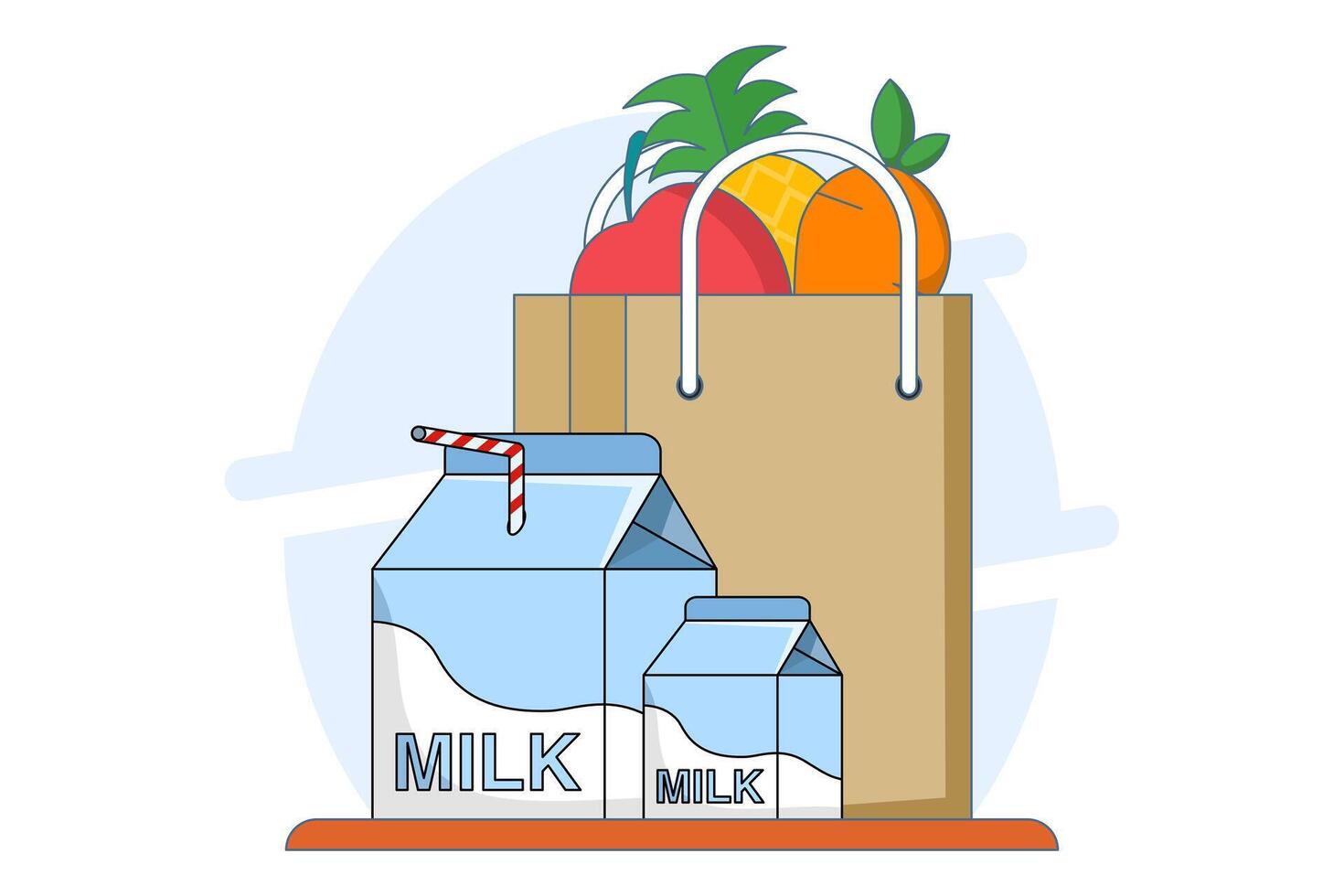 Concept of fruit and milk drinks, healthy and nutritious food and drinks. Flat Outline Illustration Graphics of Shopping Icons Bag, Pineapple, Apple, Carrot and Milk. App Icons, Banners etc. vector