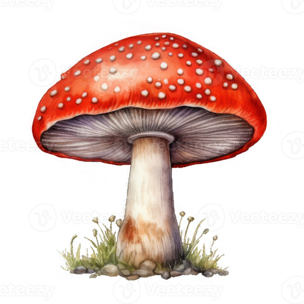 Watercolor Illustration of a Red and White Spotted Mushroom with Grass and Stones png