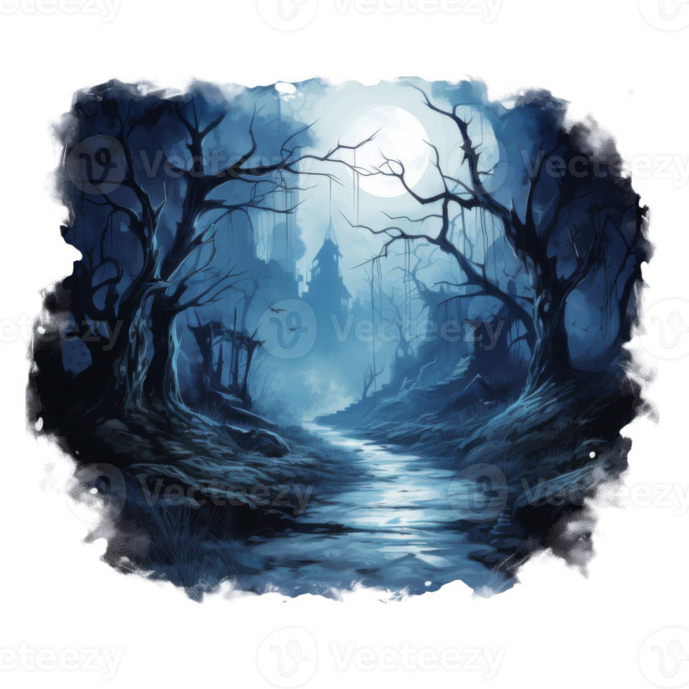 A Creepy Moonlit Path Through a Haunted Forest Leading to a Distant Castle png