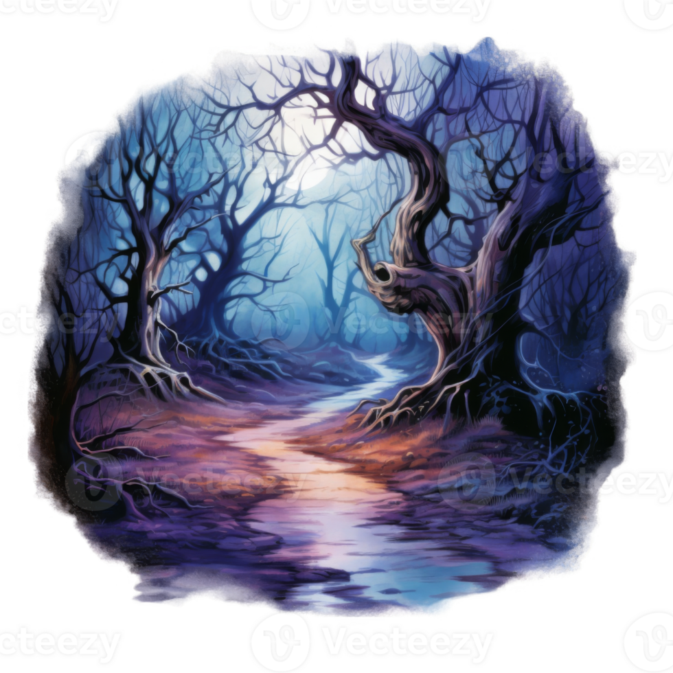 A winding path through a misty, twilight forest png