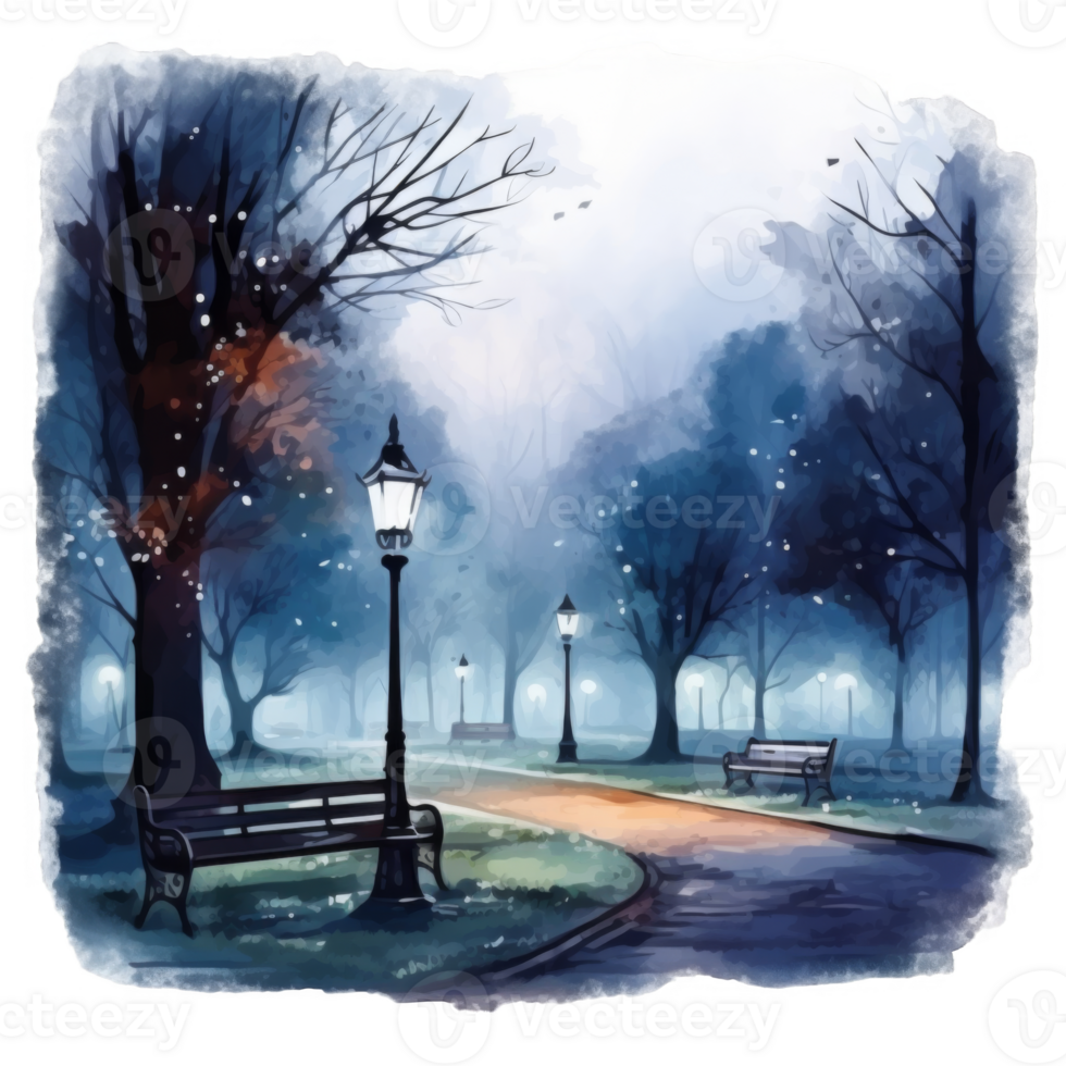 A Foggy Park Path Illuminated by Streetlamps png