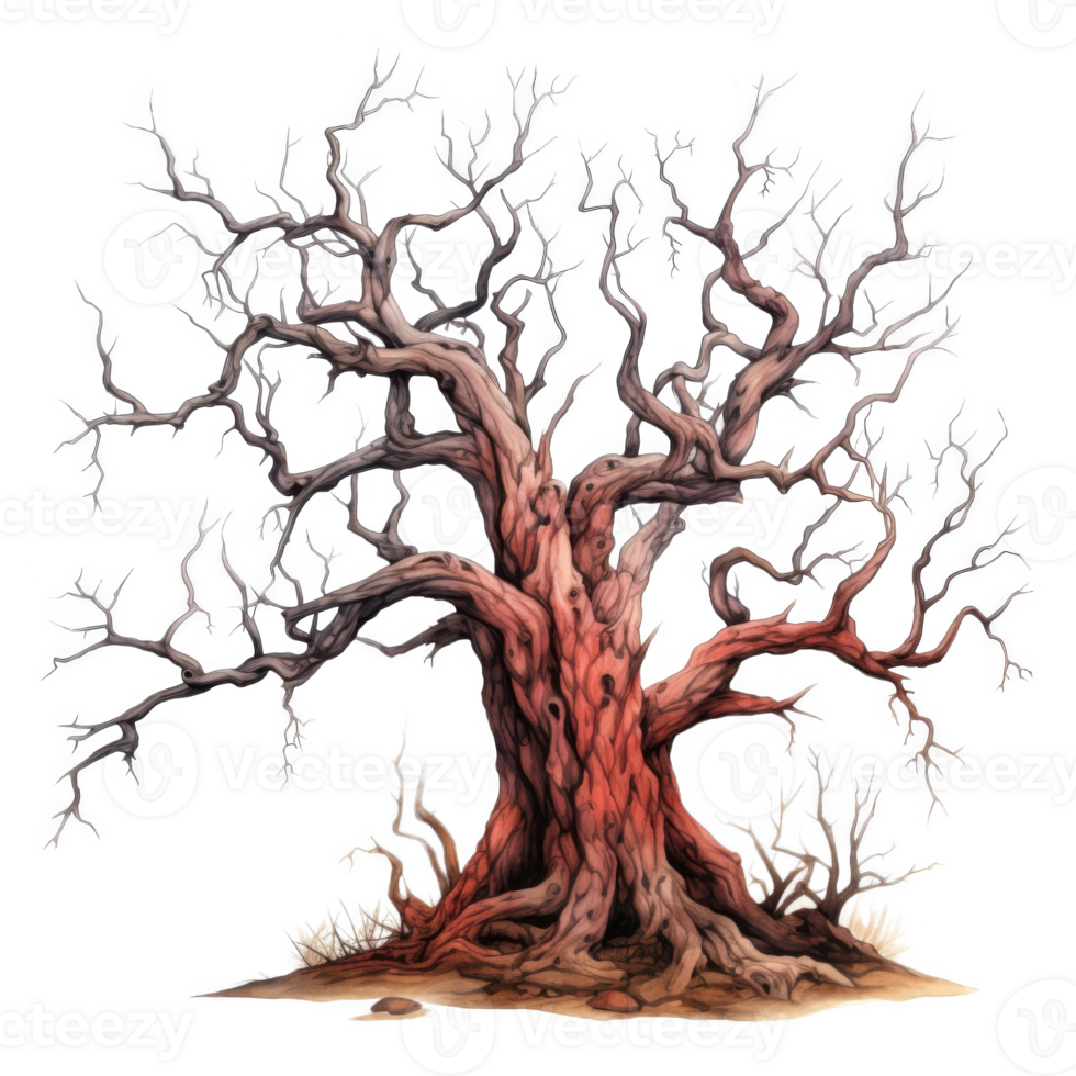 A gnarled, ancient tree with bare branches and a red-hued trunk. png