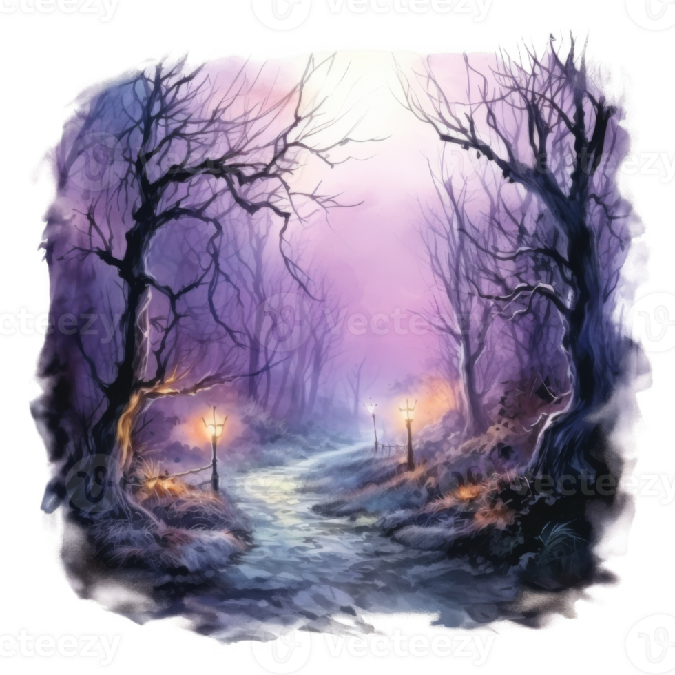 A Path Through a Misty, Purple Forest with Two Lit Lanterns png
