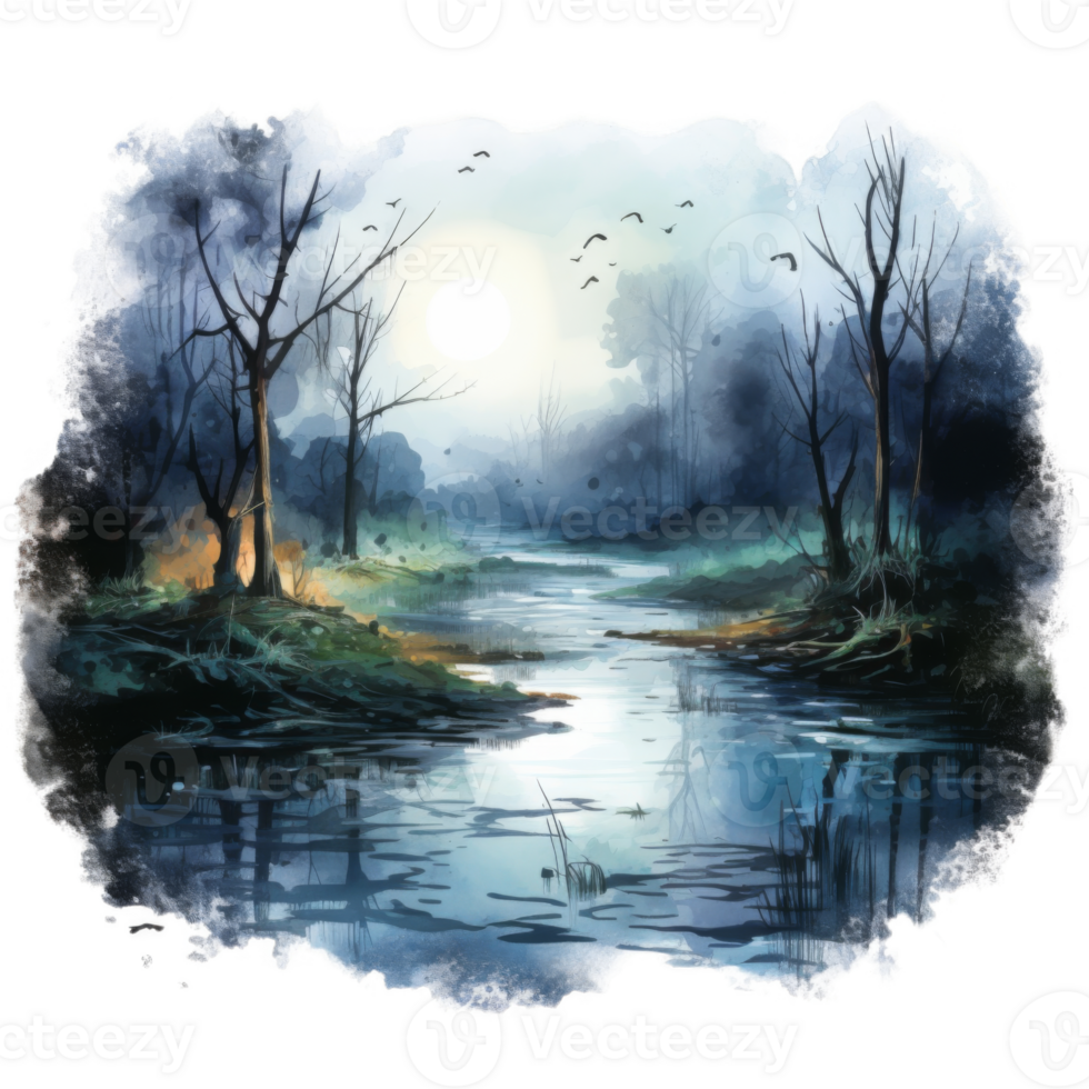 A Tranquil Woodland Stream Under a Misty Sky png