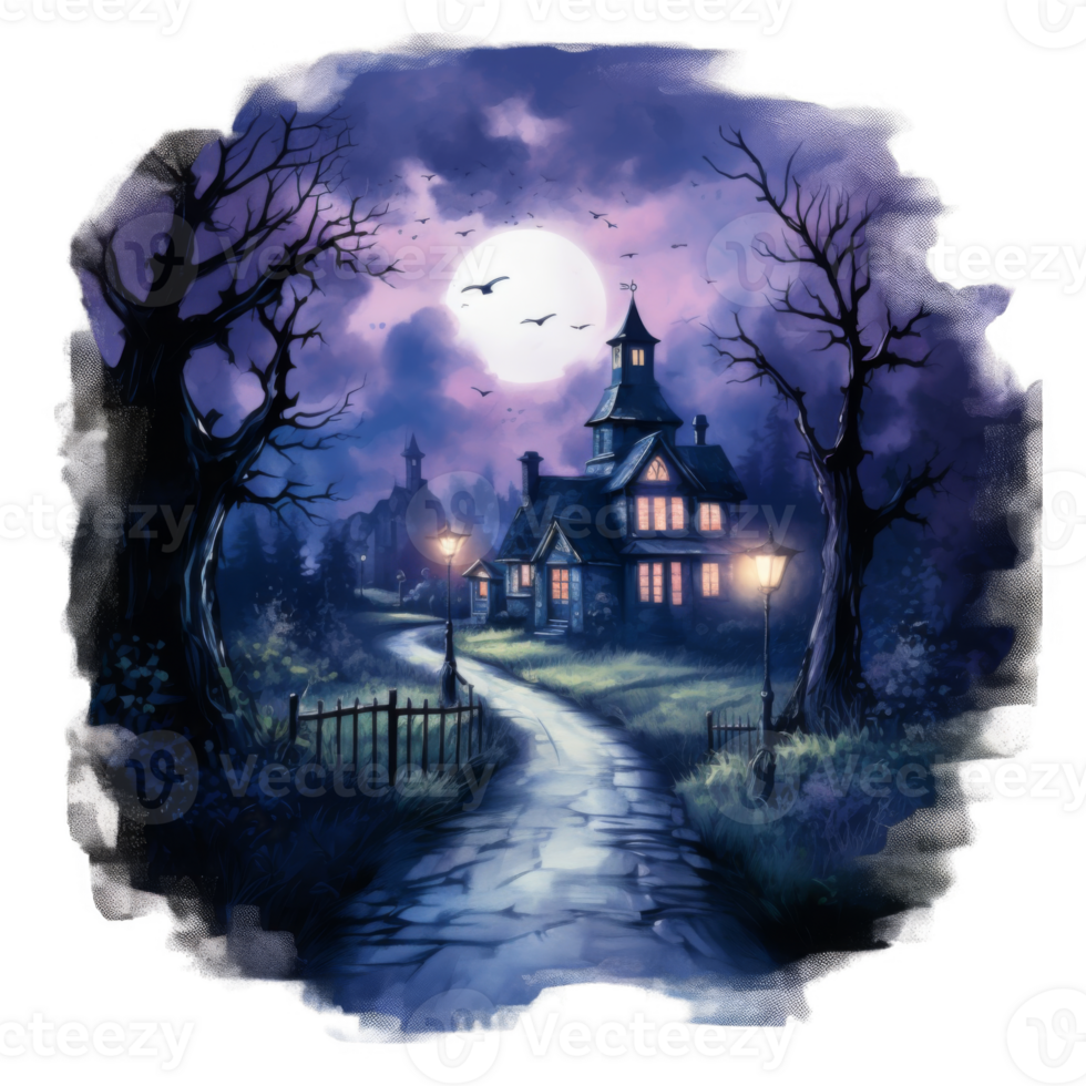 A Haunted House on a Cobblestone Path under a Full Moon png