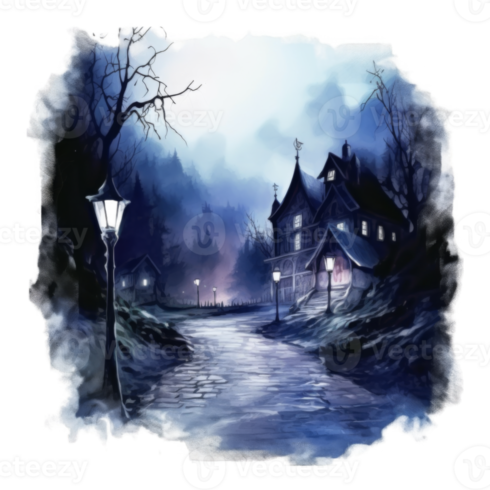 A Stone Path Leading to a Mysterious House in a Foggy Forest at Dusk png