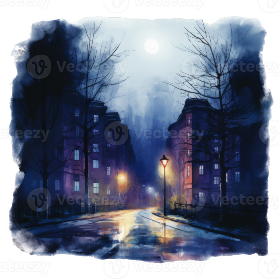 A moonlit street scene with buildings, trees, and streetlights reflecting in a wet road. png