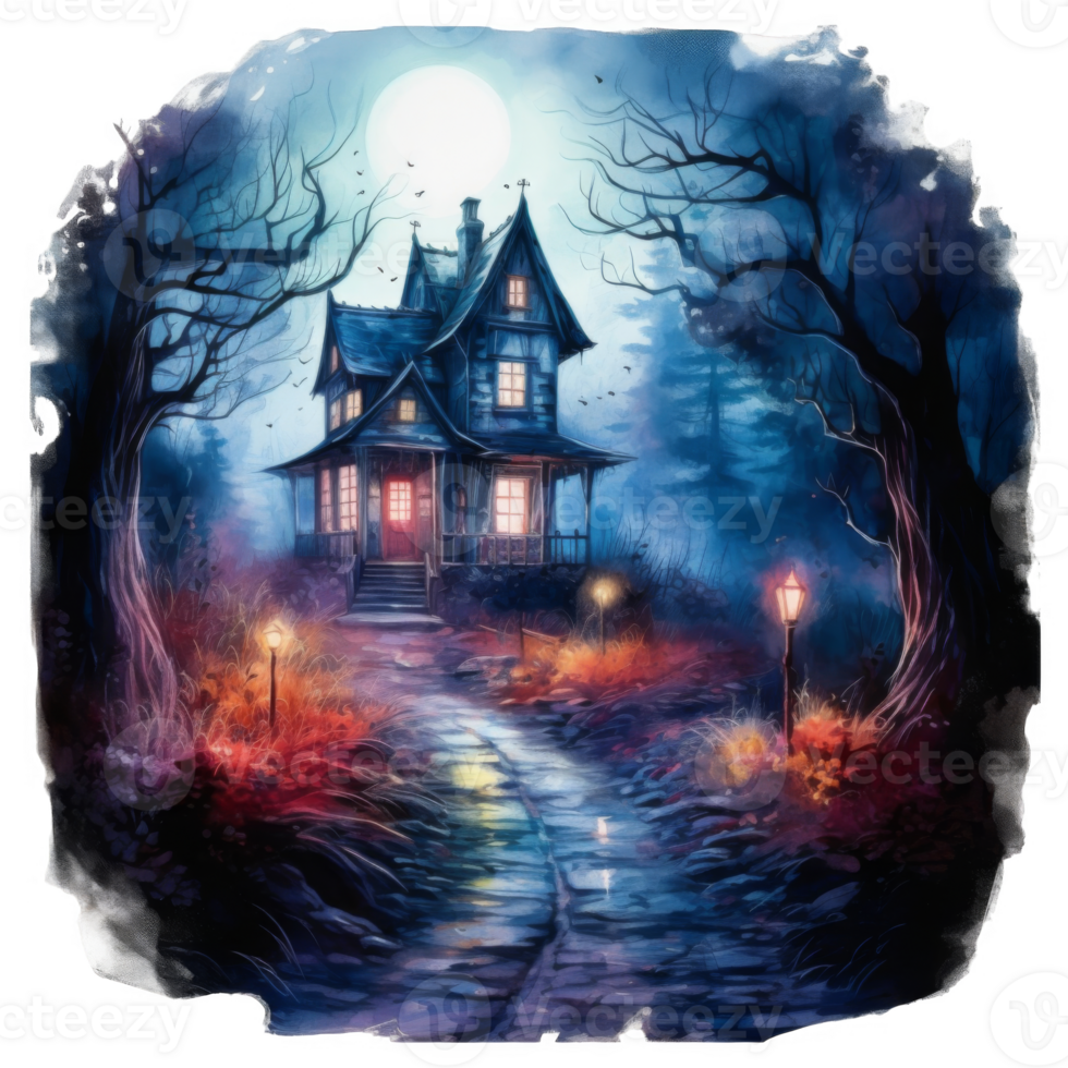A Haunted House Illuminated by Moonlight and Lanterns png