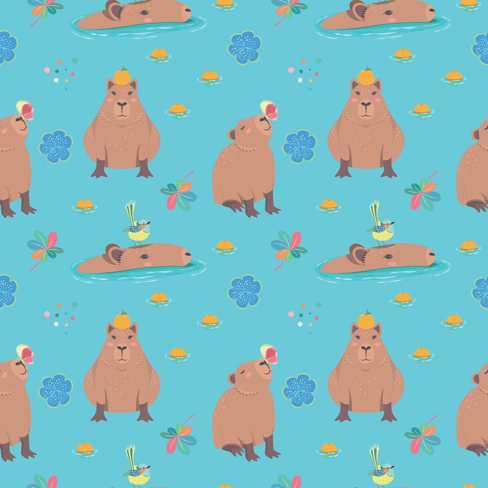 Seamless pattern with funny capybara , bird and flora. Blue background. Perfect for kids apparel, greeting card design, fabric print, baby shower, wrapping paper design, baby prints and home textiles. vector