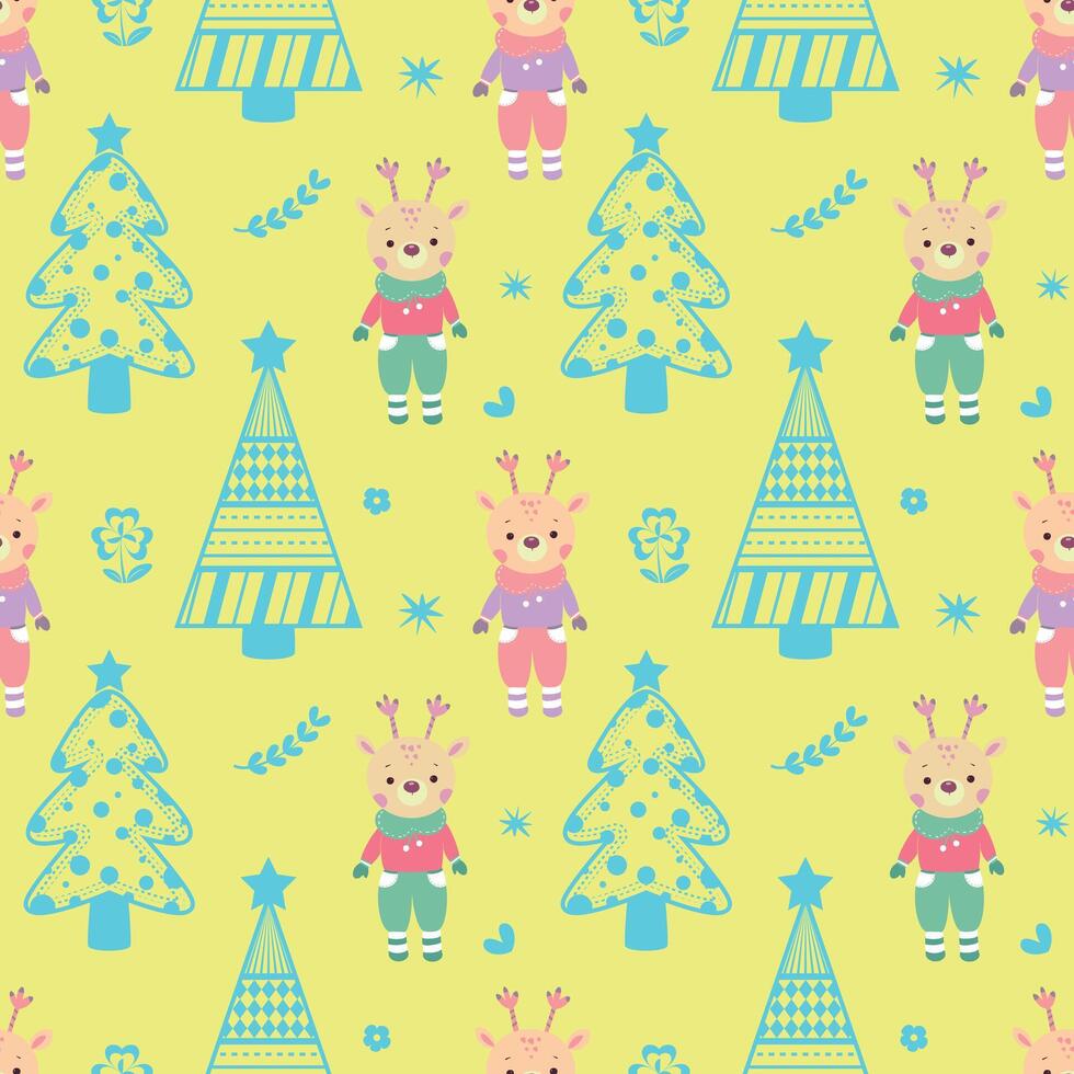 Cute seamless pattern with elk, Christmas trees and floral. Yellow background. Perfect for kids design, greeting card design, fabric print, wrapping paper design, cover design and decor textiles. vector