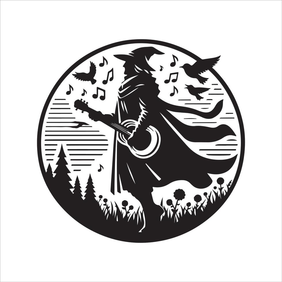 a witch with a guitar and birds in the background vector