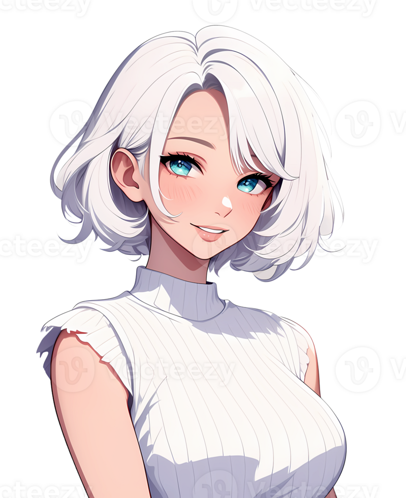 A charming young woman with short white hair and striking blue eyes smiles warmly in a stylish white sleeveless top, radiating positive energy and youthful exuberance png