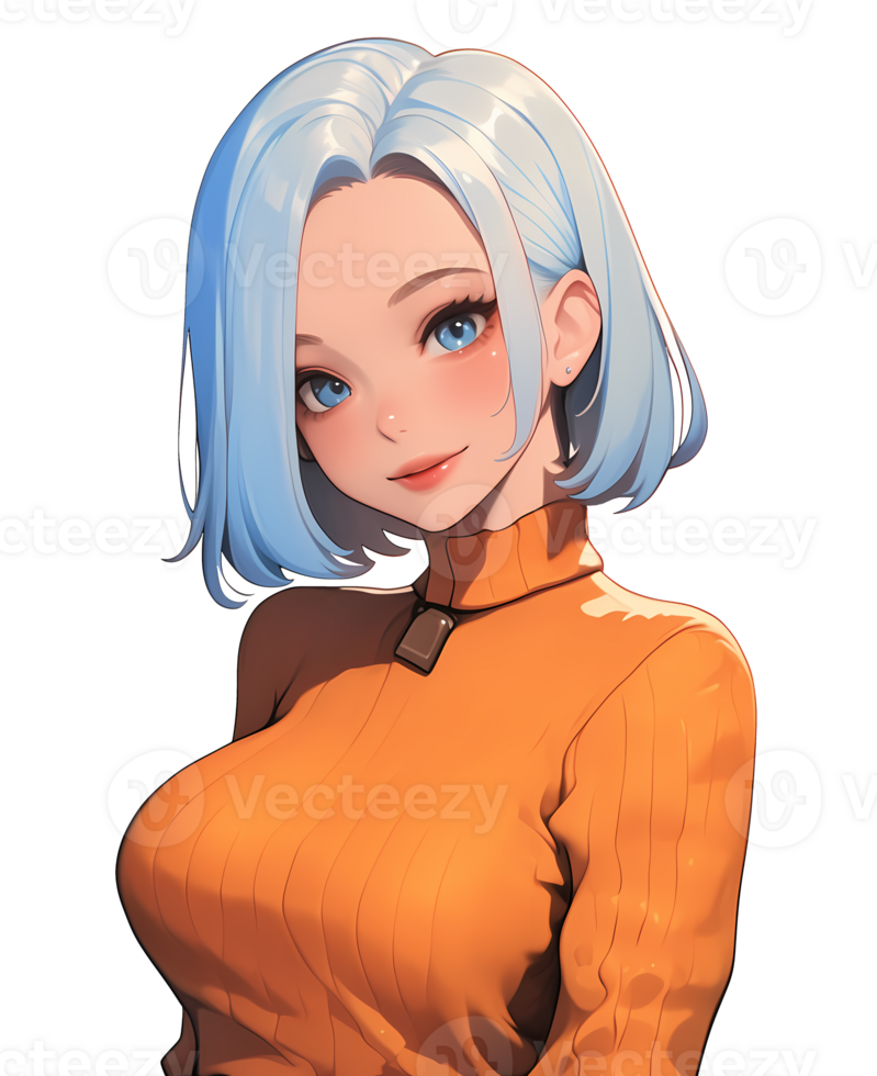 A cheerful animated character with short blue hair dressed in a stylish orange sweater, exuding warmth and charm in a colorful and imaginative setting png