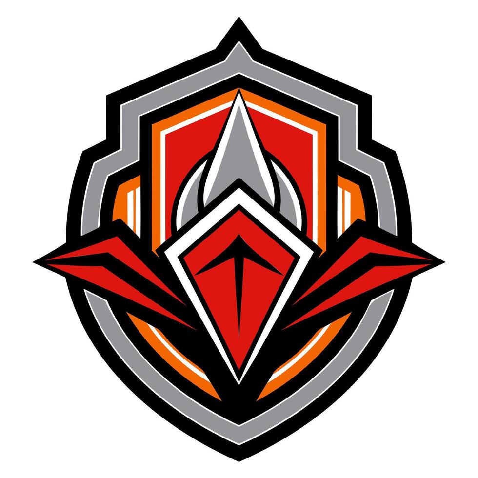 a red and black shield with an arrow on it vector