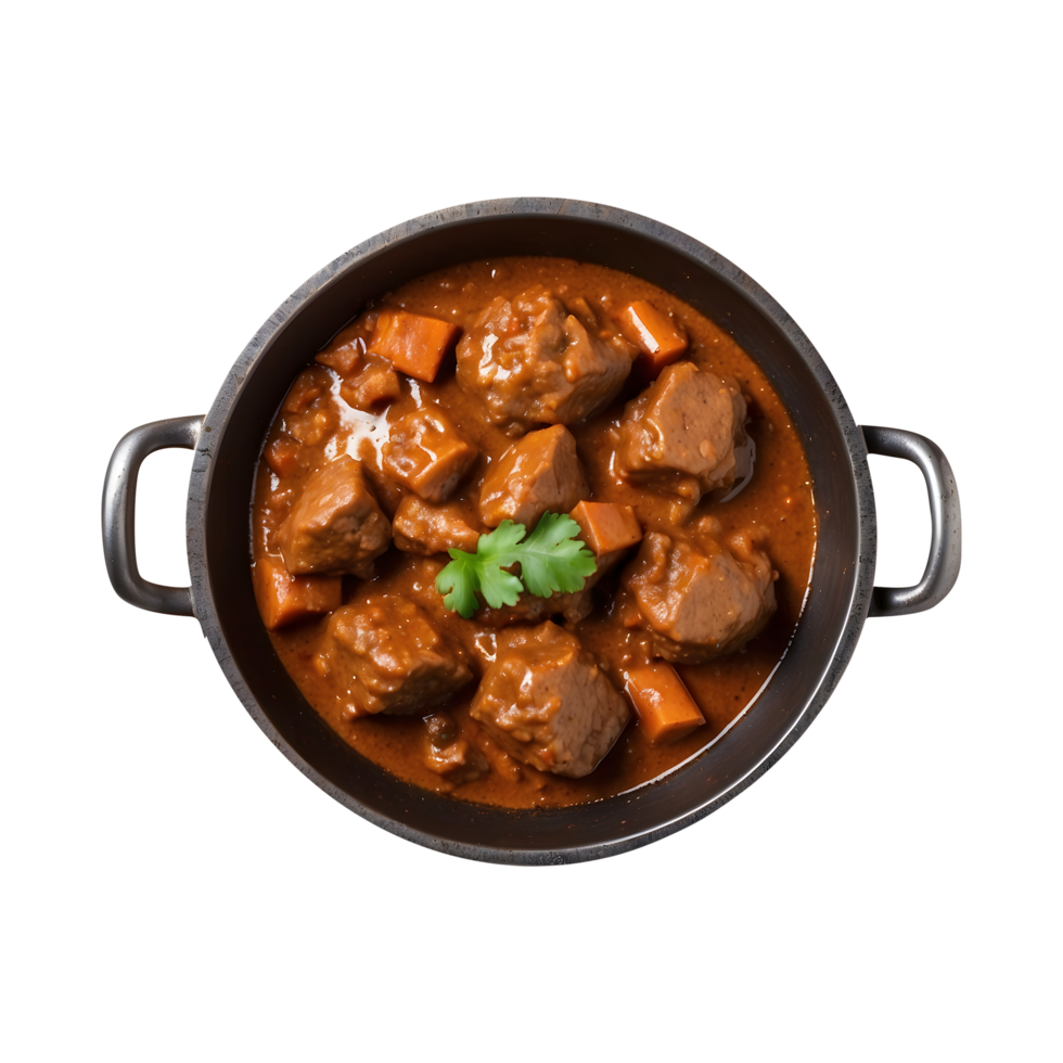 Hearty Mutton Curry on an Iron Pan Isolated on a Transparent Background. Mutton Curry Isolated on a Transparent Background png